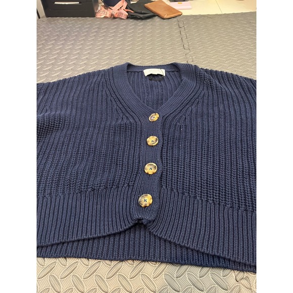 La Ligne Chunky Cotton Cardigan Sweater In Navy Blue Knit 100% Neck Size XS - Picture 4 of 10